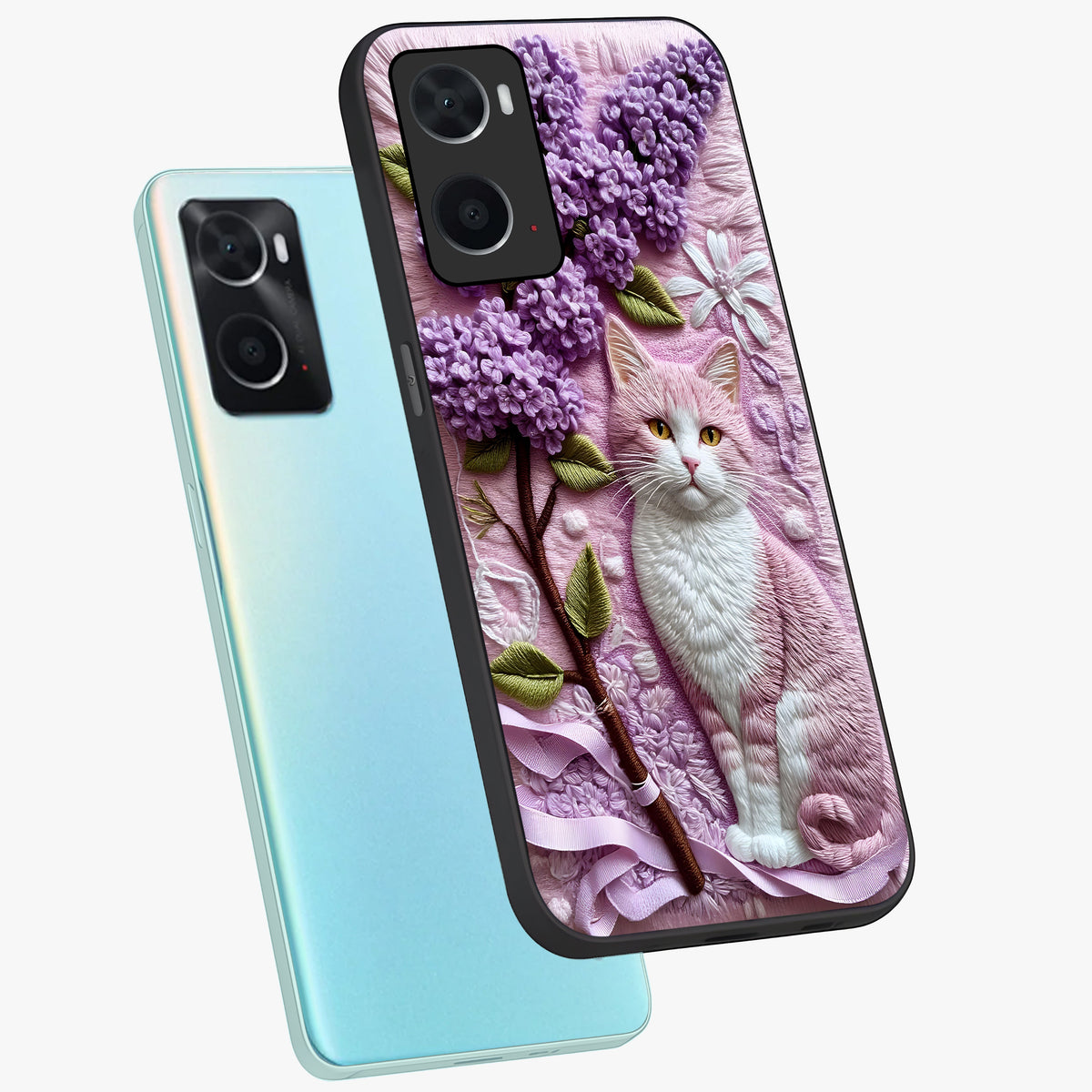Lavender Cat Whimsy Glass Case displayed in angled mockup highlighting playful feline illustration with pastel lavender aesthetic.