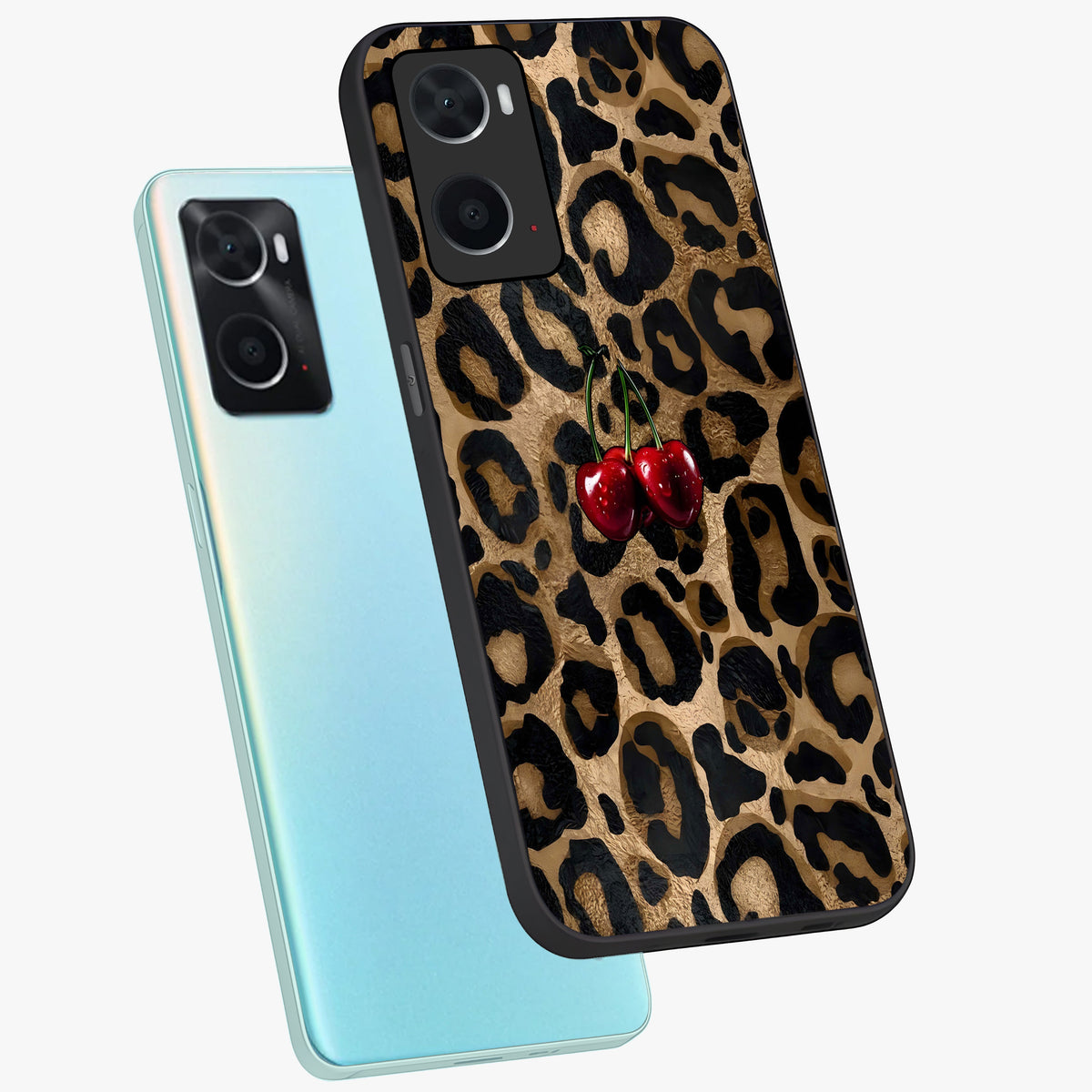 Leopard Wild Cherry Glass Case displayed in angled mockup highlighting bold animal print design with playful cherry aesthetic.