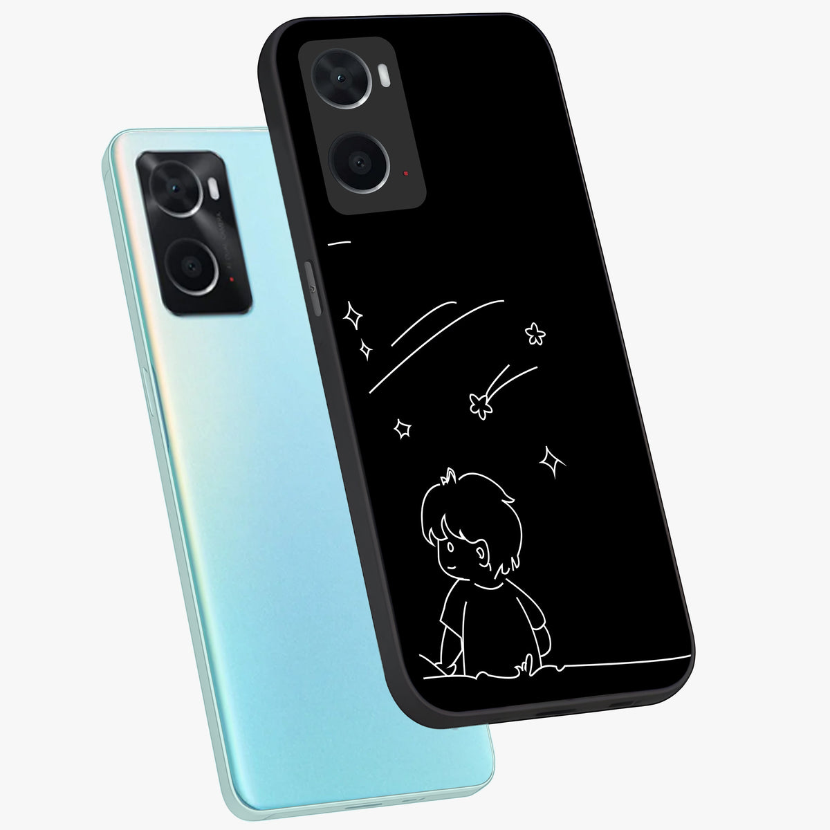 Line Art Boy With Shooting Stars Glass Case displayed in angled mockup highlighting elegant line art design with dreamy star aesthetic.