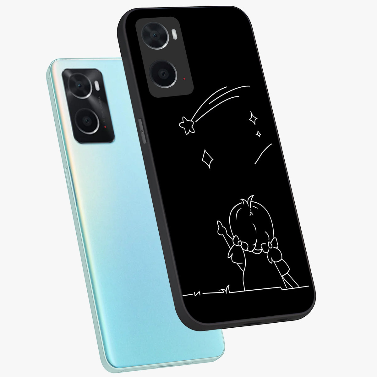 Line Art Girl With Shooting Stars Glass Case displayed in angled mockup highlighting elegant line art design with dreamy star aesthetic.