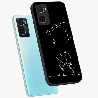 Line Art Girl With Shooting Stars Glass Case displayed in angled mockup highlighting elegant line art design with dreamy star aesthetic.