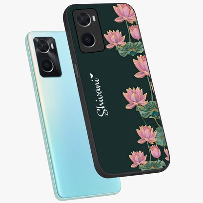 Lotus Bloom Serenity Custom Name Glass Case displayed in angled mockup highlighting graceful lotus illustration with custom name feature.