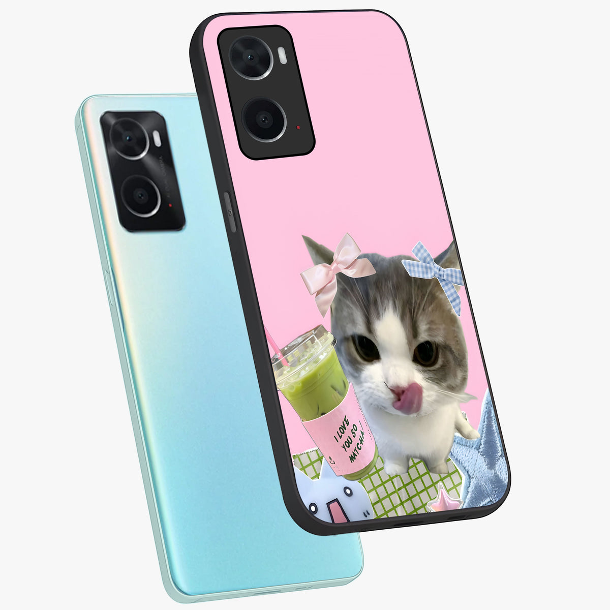Love Matcha Cat Glass Case displayed in angled mockup highlighting playful feline illustration with cozy matcha aesthetic.