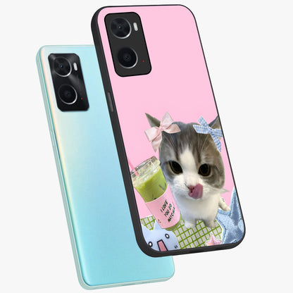 Love Matcha Cat Glass Case displayed in angled mockup highlighting playful feline illustration with cozy matcha aesthetic.