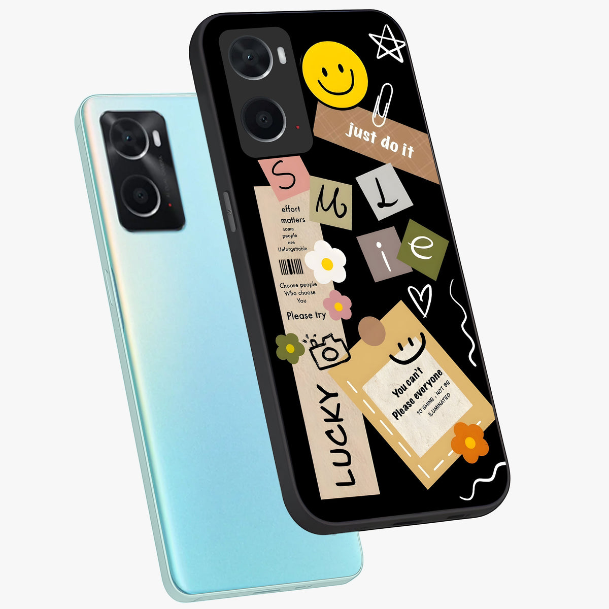 Lucky Aesthetic Collage Glass Case displayed in angled mockup highlighting stylish collage pattern with modern aesthetic vibe.