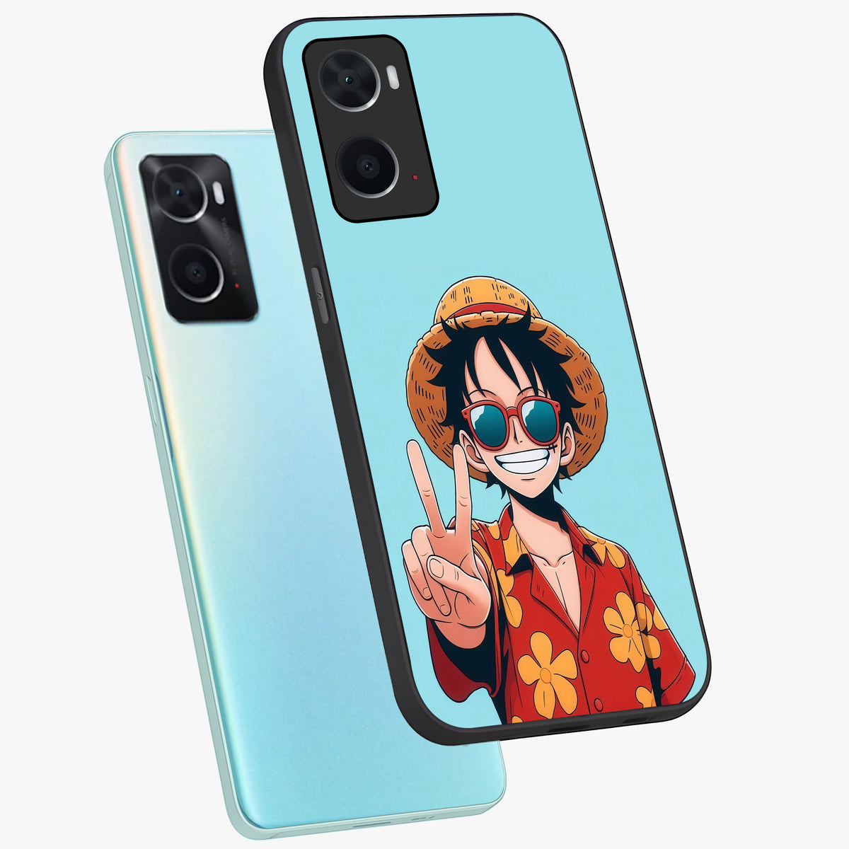 Luffy Summer Anime Vibe Glass Case displayed in angled mockup highlighting energetic anime illustration with summer vibe aesthetic.
