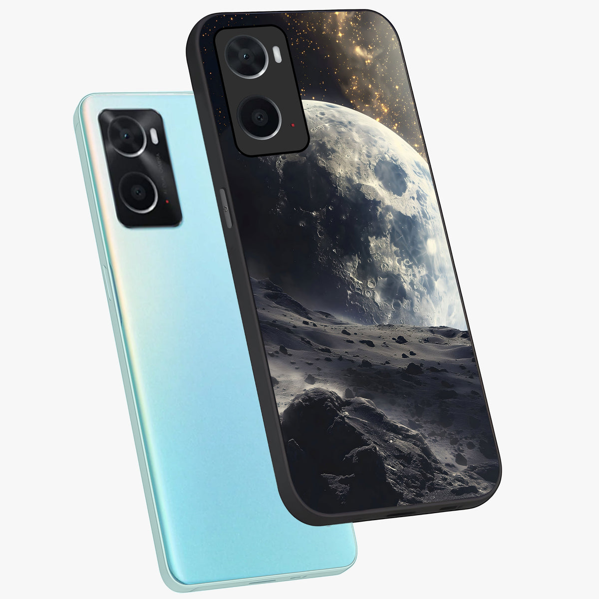 Lunar Horizon Glow Glass Case displayed in angled mockup highlighting celestial moon design with dreamy night aesthetic.