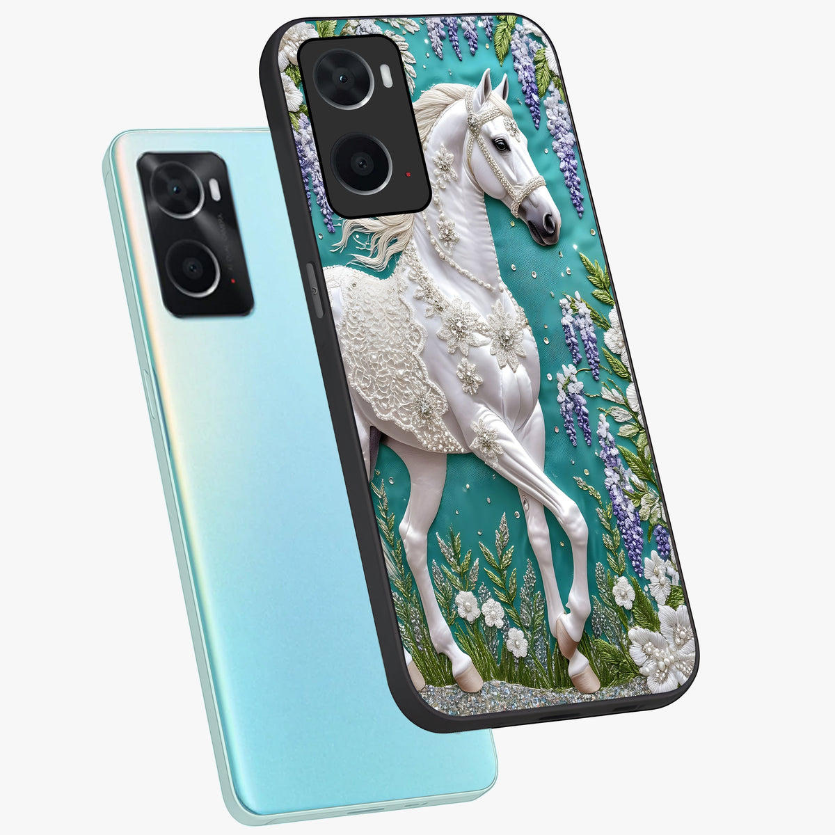 Majestic Floral Stallion Glass Case displayed in angled mockup highlighting majestic stallion illustration with elegant floral aesthetic.