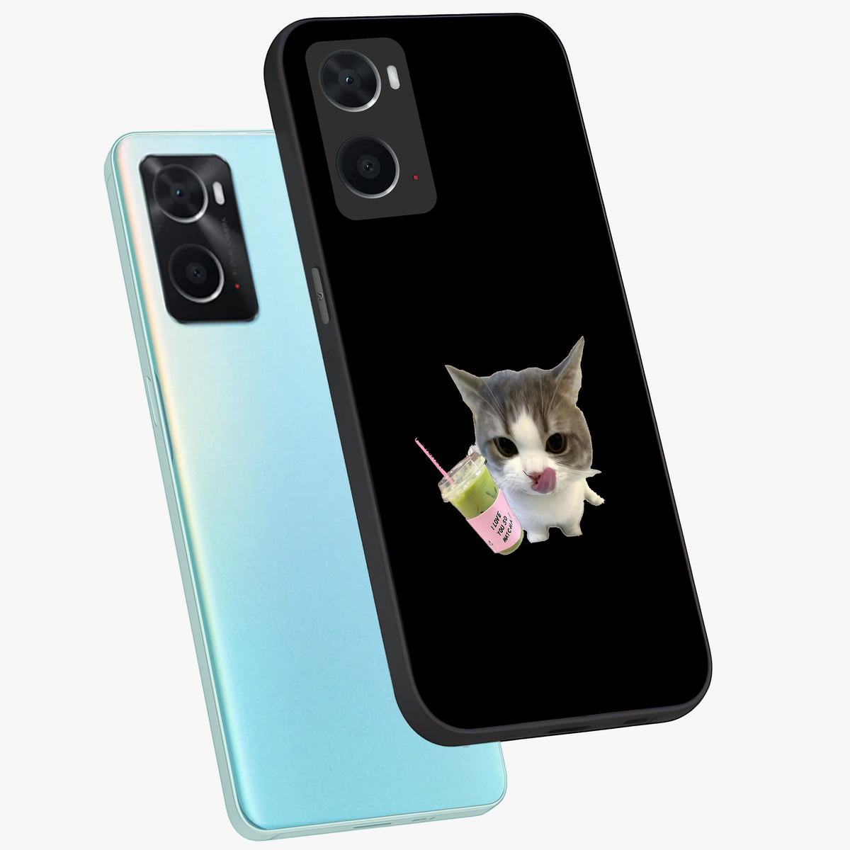 Matcha Cat Style Glass Case displayed in angled mockup highlighting playful feline design with pastel matcha aesthetic.