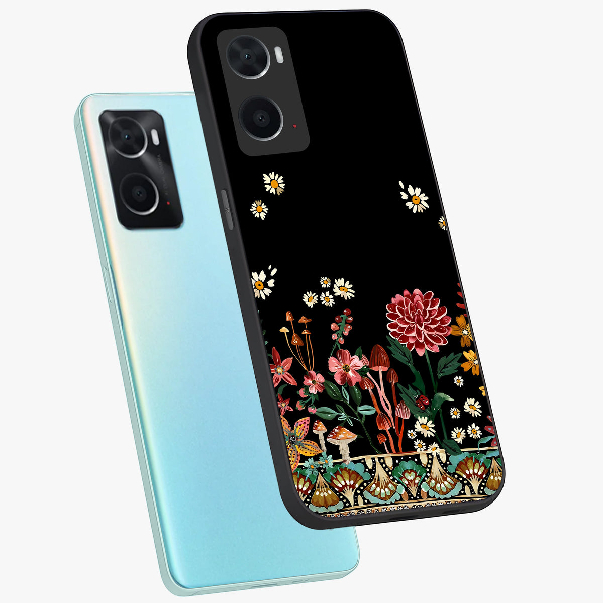 Midnight Bloom Pattern Glass Case displayed in angled mockup highlighting elegant flower design with midnight aesthetic style.