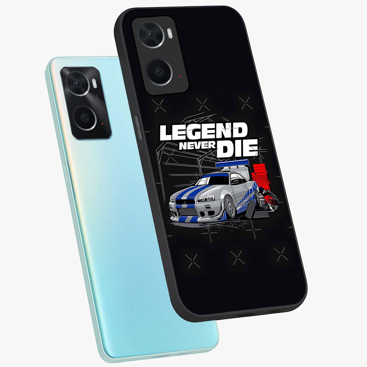 Midnight Racing Legacy Glass Case displayed in angled mockup highlighting dynamic automotive design with bold midnight aesthetic.