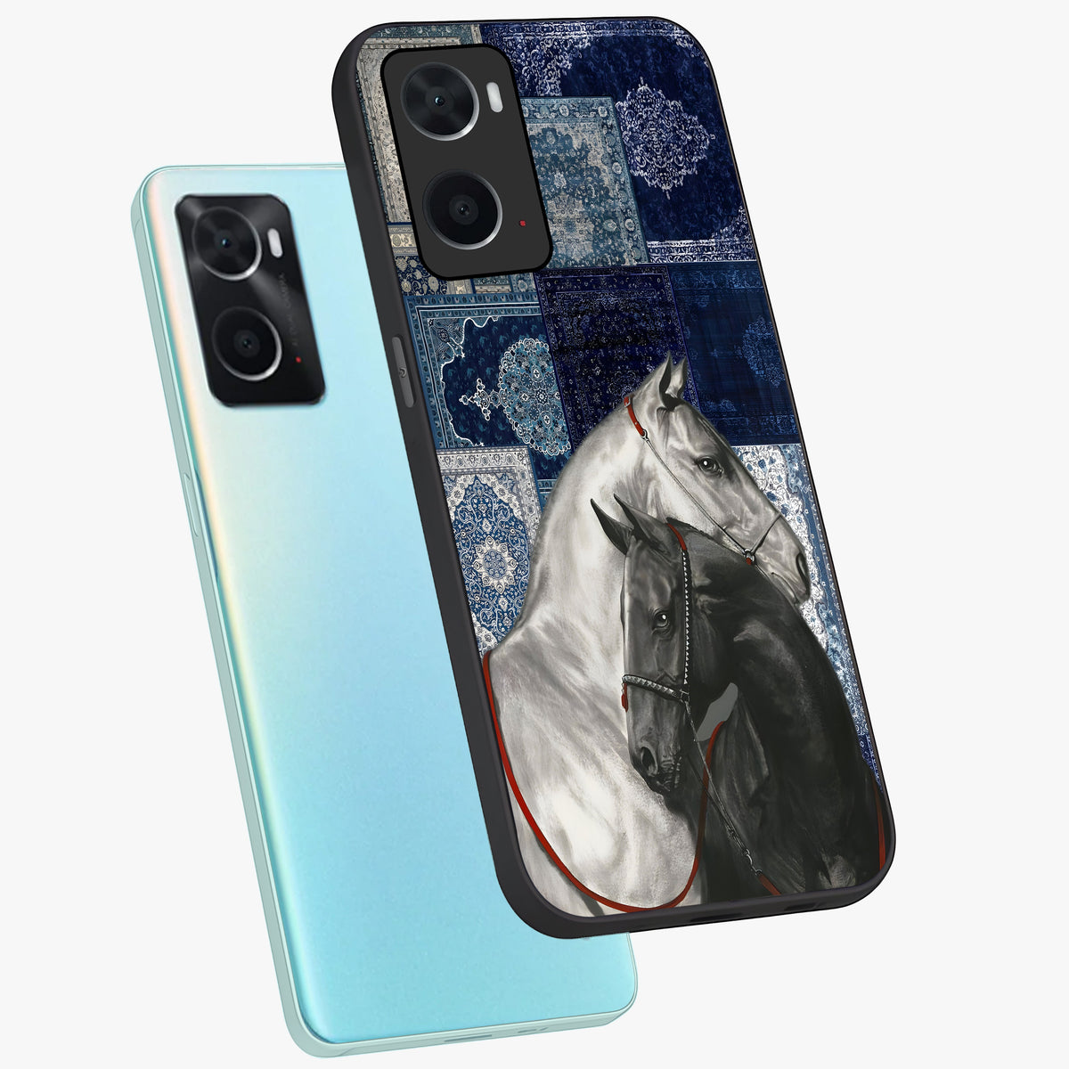 Midnight Stallion Blues Glass Case displayed in angled mockup highlighting powerful stallion illustration with deep midnight tones.