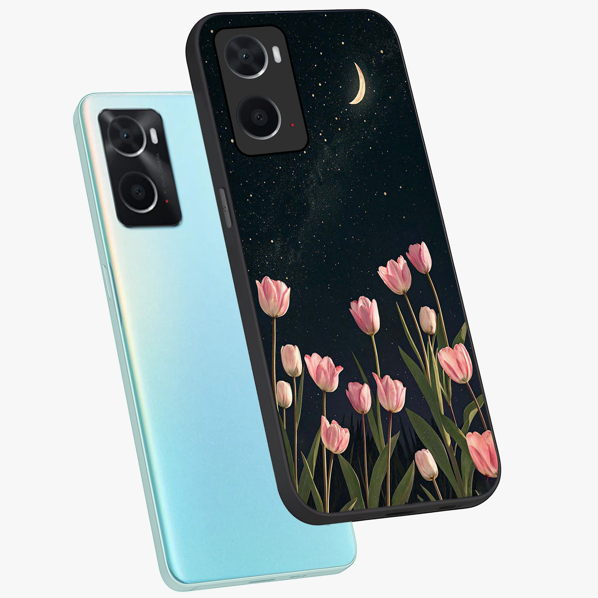 Midnight Tulip Whispers Vibe Glass Case displayed in angled mockup highlighting delicate tulip design with midnight floral aesthetic.