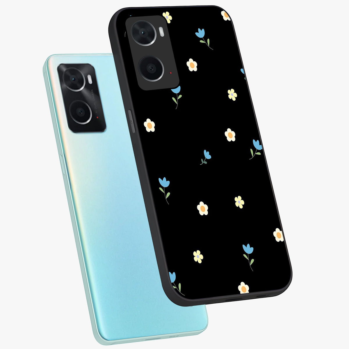 Minimal Petal Whispers Glass Case displayed in angled mockup highlighting delicate petal design with clean minimal aesthetic.