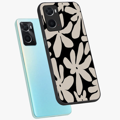 Monochrome Petal Dance Glass Case displayed in angled mockup highlighting elegant petal design with black and white aesthetic.