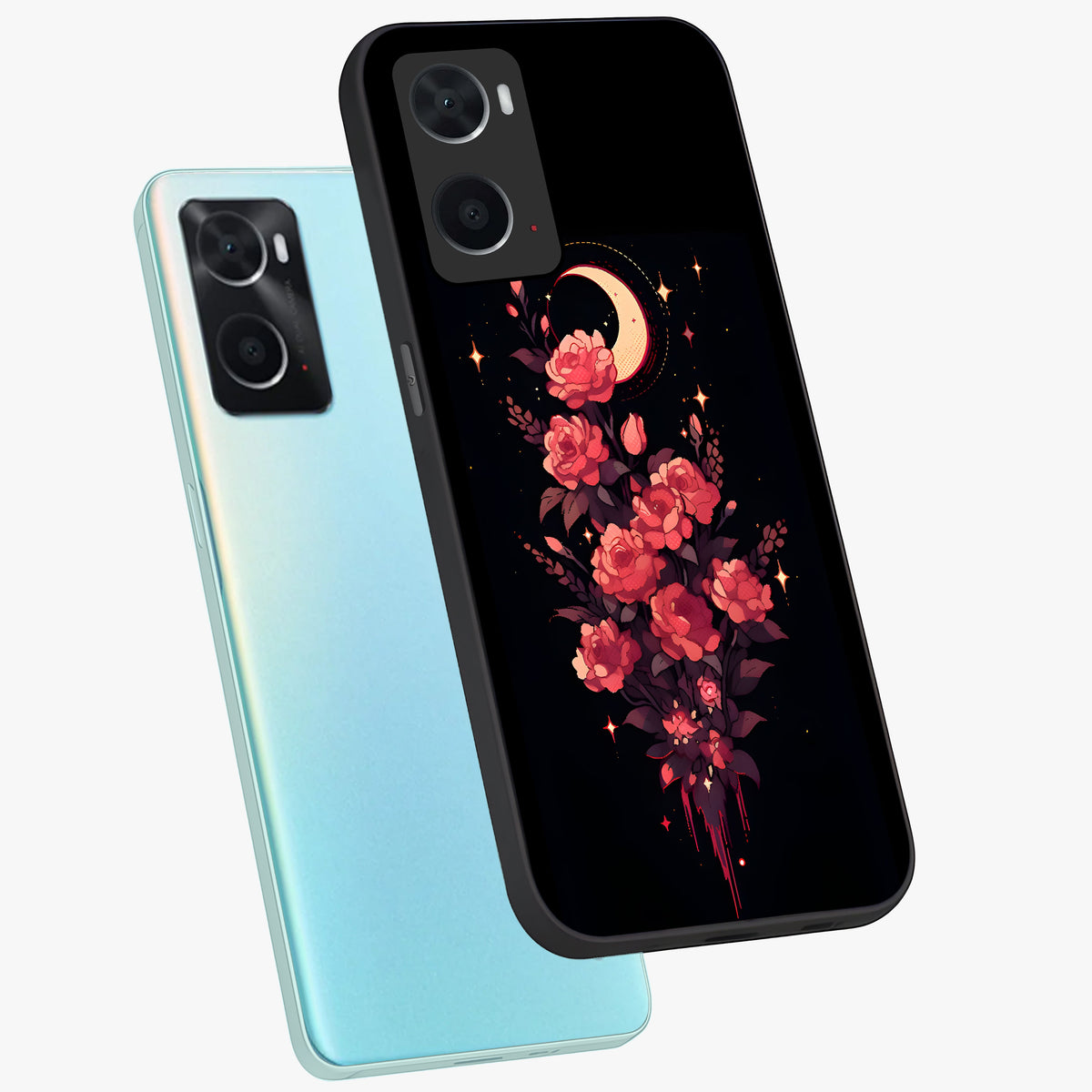 Moonlit Floral Elegance Glass Case displayed in angled mockup highlighting graceful flower design with soft moonlight aesthetic.