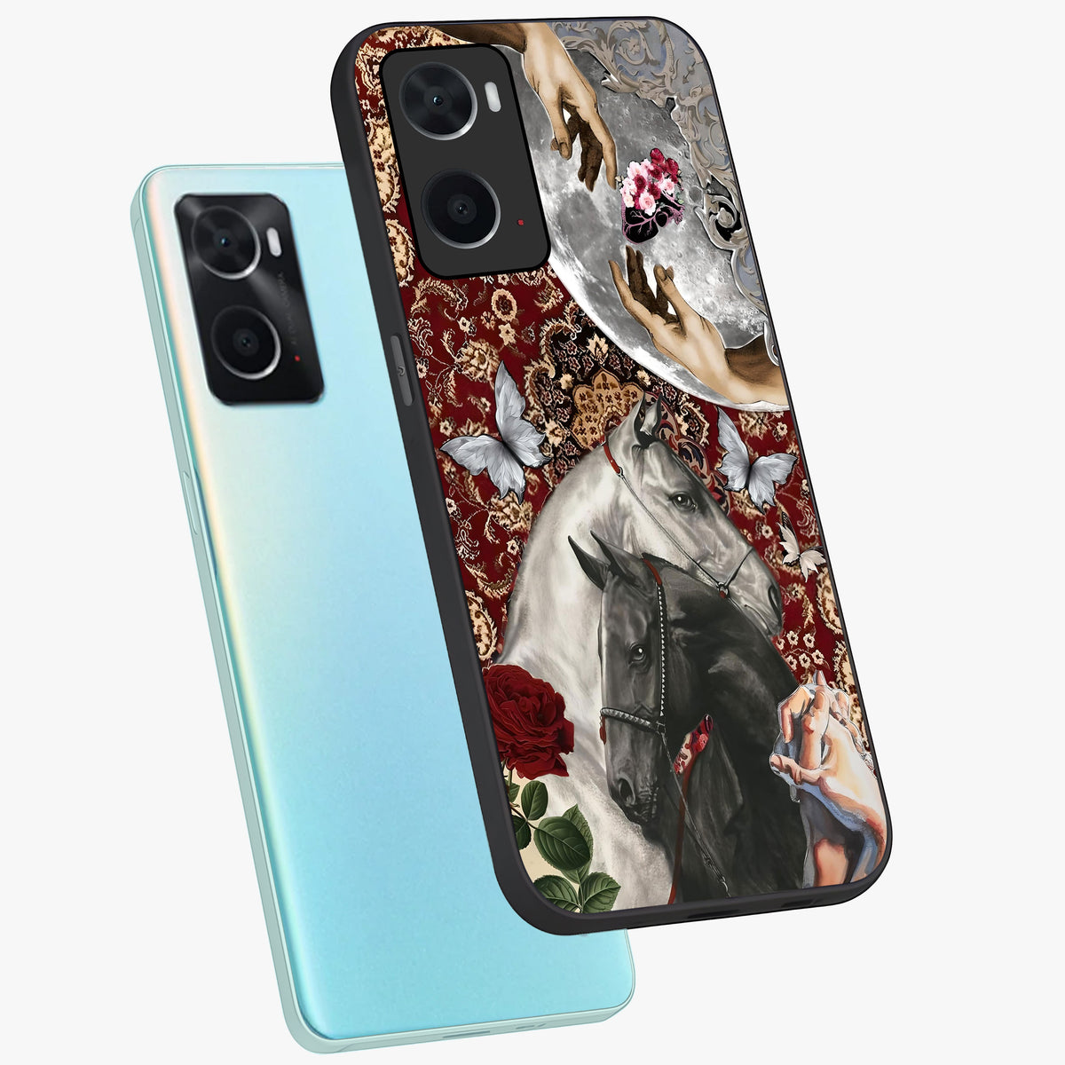 Moonlit Royal Stallion Glass Case displayed in angled mockup highlighting powerful stallion illustration with royal night aesthetic.