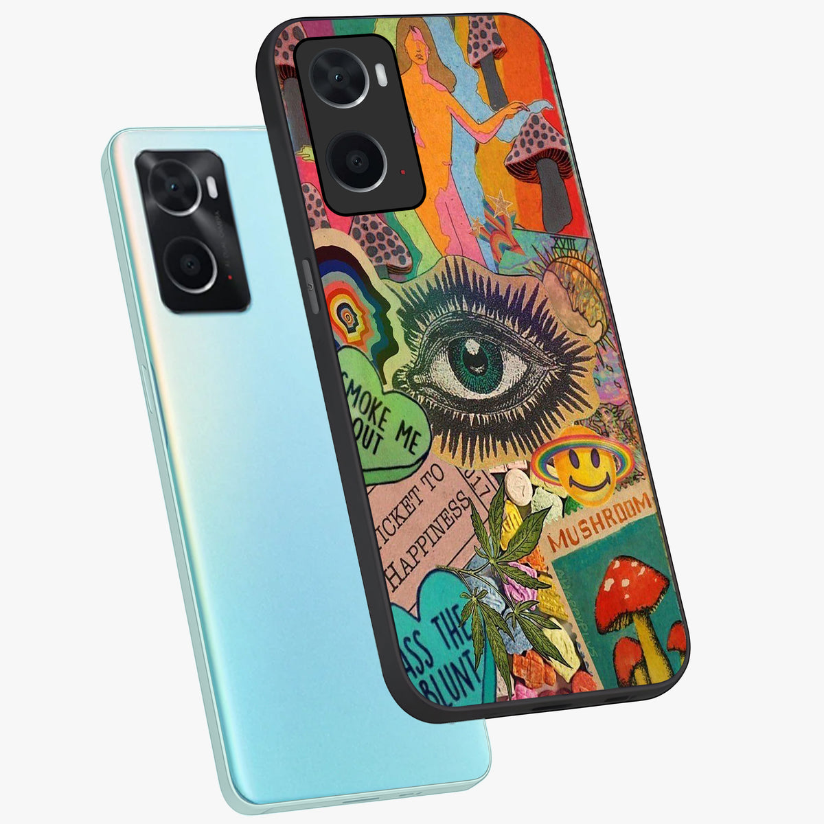 Mystic Eye Wonderland Glass Case displayed in angled mockup highlighting magical eye illustration with dreamy aesthetic.