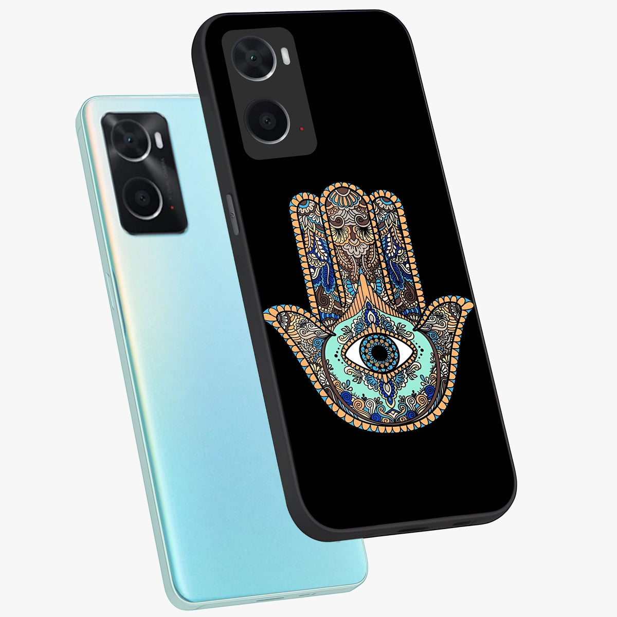 Mystic Hamsa Eye Glass Case displayed in angled mockup highlighting spiritual hamsa symbol with mystical aesthetic style.