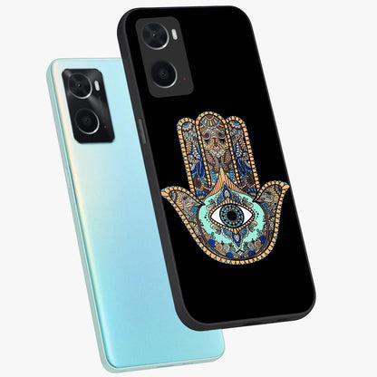Mystic Hamsa Eye Glass Case displayed in angled mockup highlighting spiritual hamsa symbol with mystical aesthetic style.