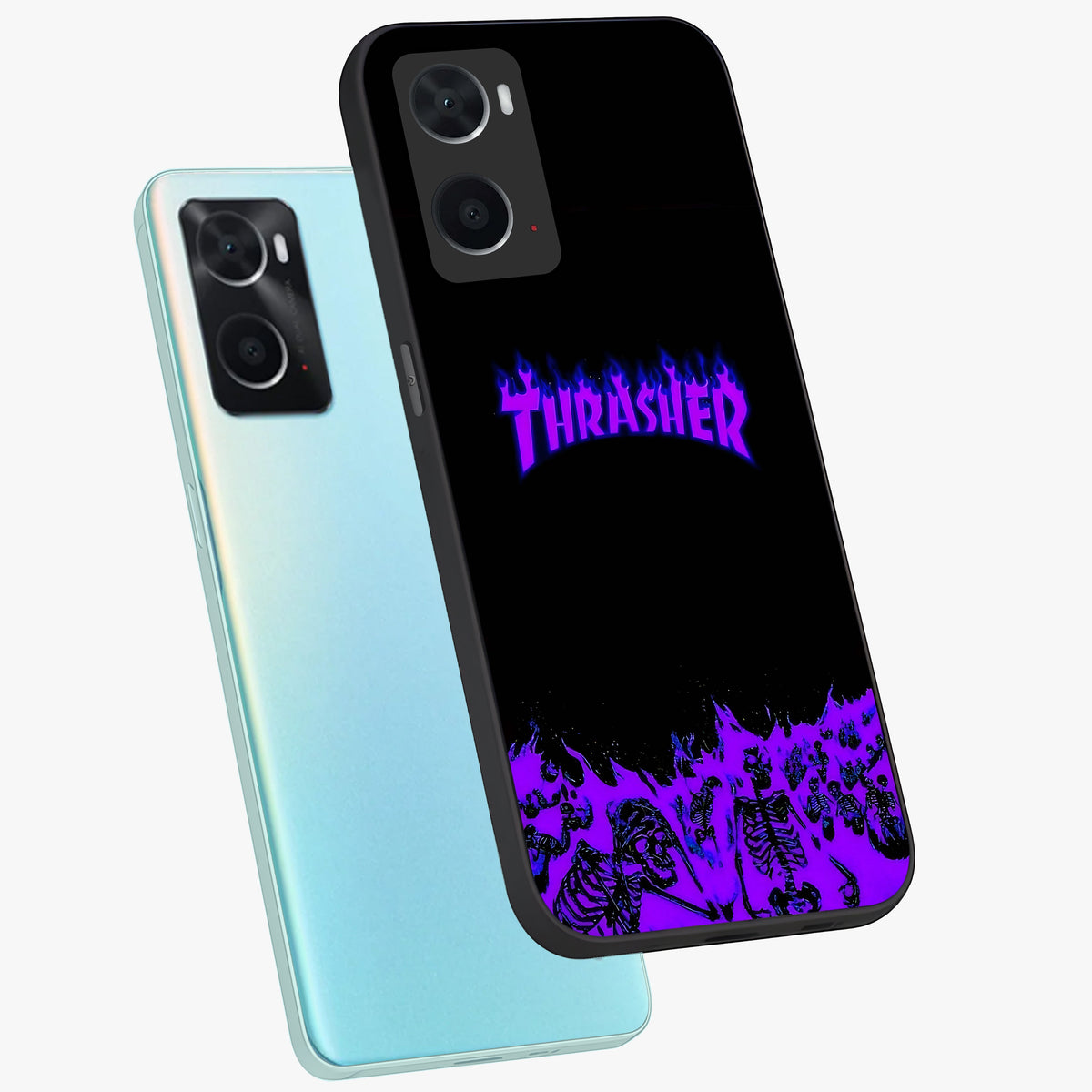 Neon Flame Riot Glass Case displayed in angled mockup highlighting glowing flame design with vibrant neon aesthetic.