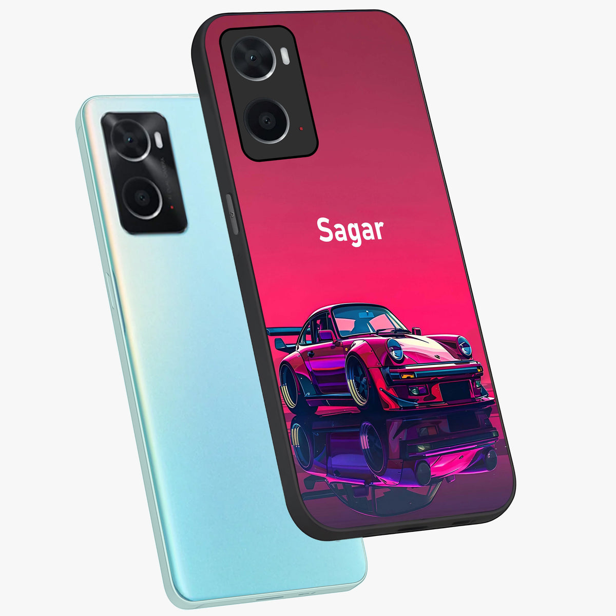 Neon Pink Porsche Glass Case displayed in angled mockup highlighting sleek neon pink car design with racing aesthetic.