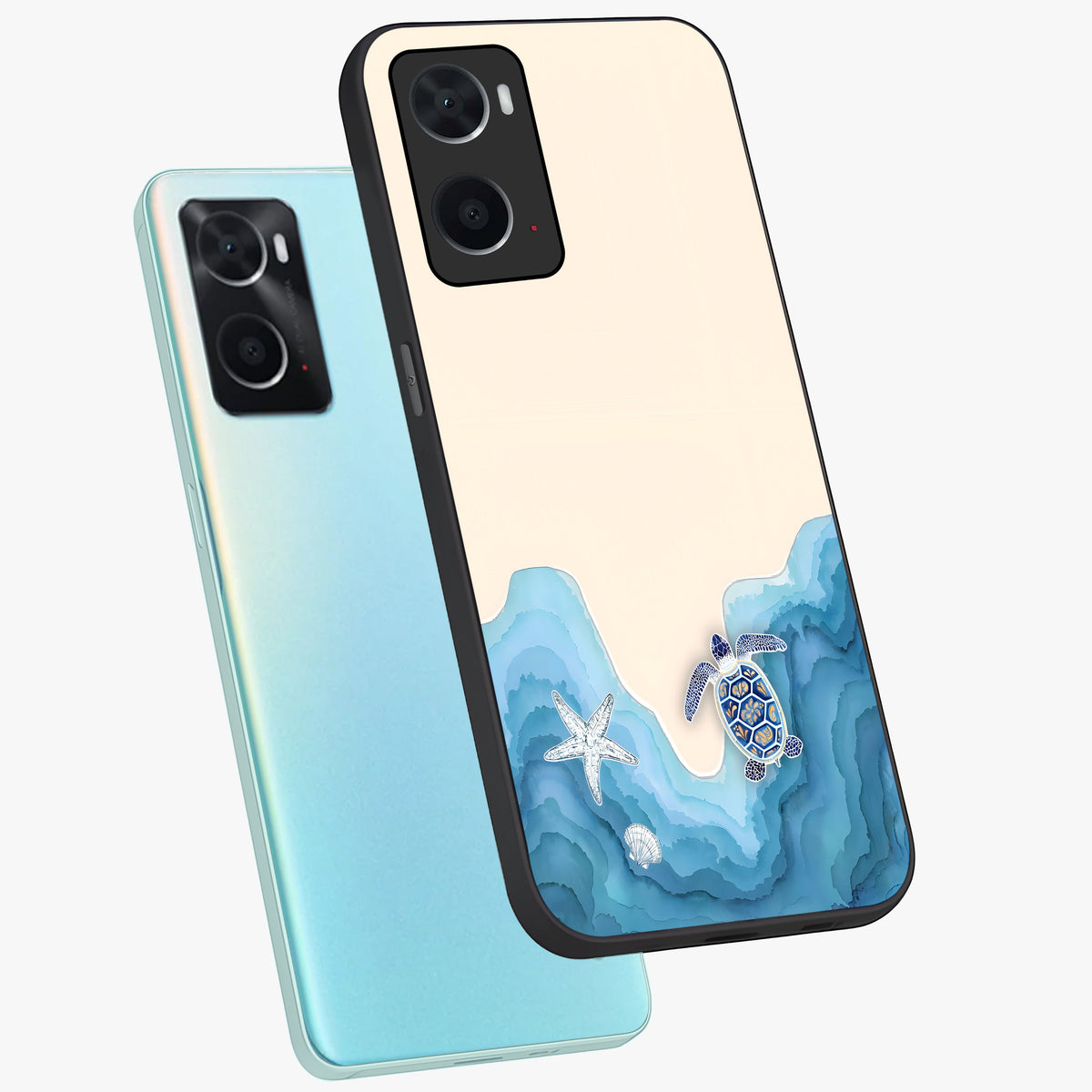 Ocean Drift Turtle Glass Case displayed in angled mockup highlighting peaceful ocean turtle illustration with marine aesthetic.