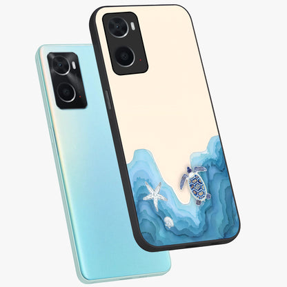 Ocean Drift Turtle Glass Case displayed in angled mockup highlighting peaceful ocean turtle illustration with marine aesthetic.