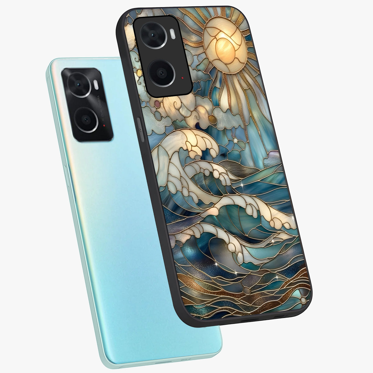 Oceanic Stained Printed Glass Case displayed in angled mockup highlighting colorful aquatic design with artistic aesthetic style.