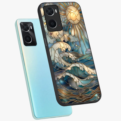 Oceanic Stained Printed Glass Case displayed in angled mockup highlighting colorful aquatic design with artistic aesthetic style.