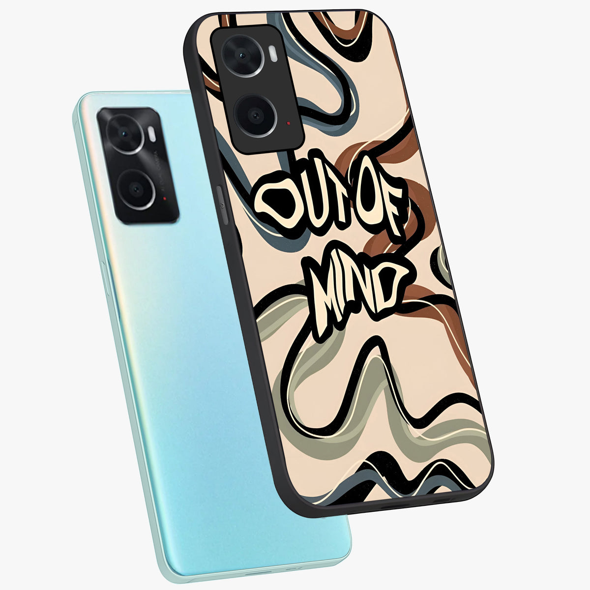 Out Of Mind Glass Case displayed in angled mockup highlighting bold statement design with modern artistic aesthetic.