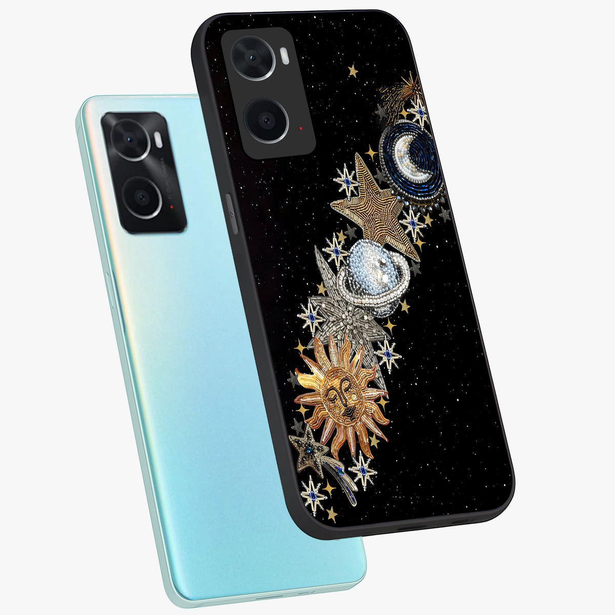Pearls Universe Object Glass Case displayed in angled mockup highlighting celestial pearl design with dreamy aesthetic.