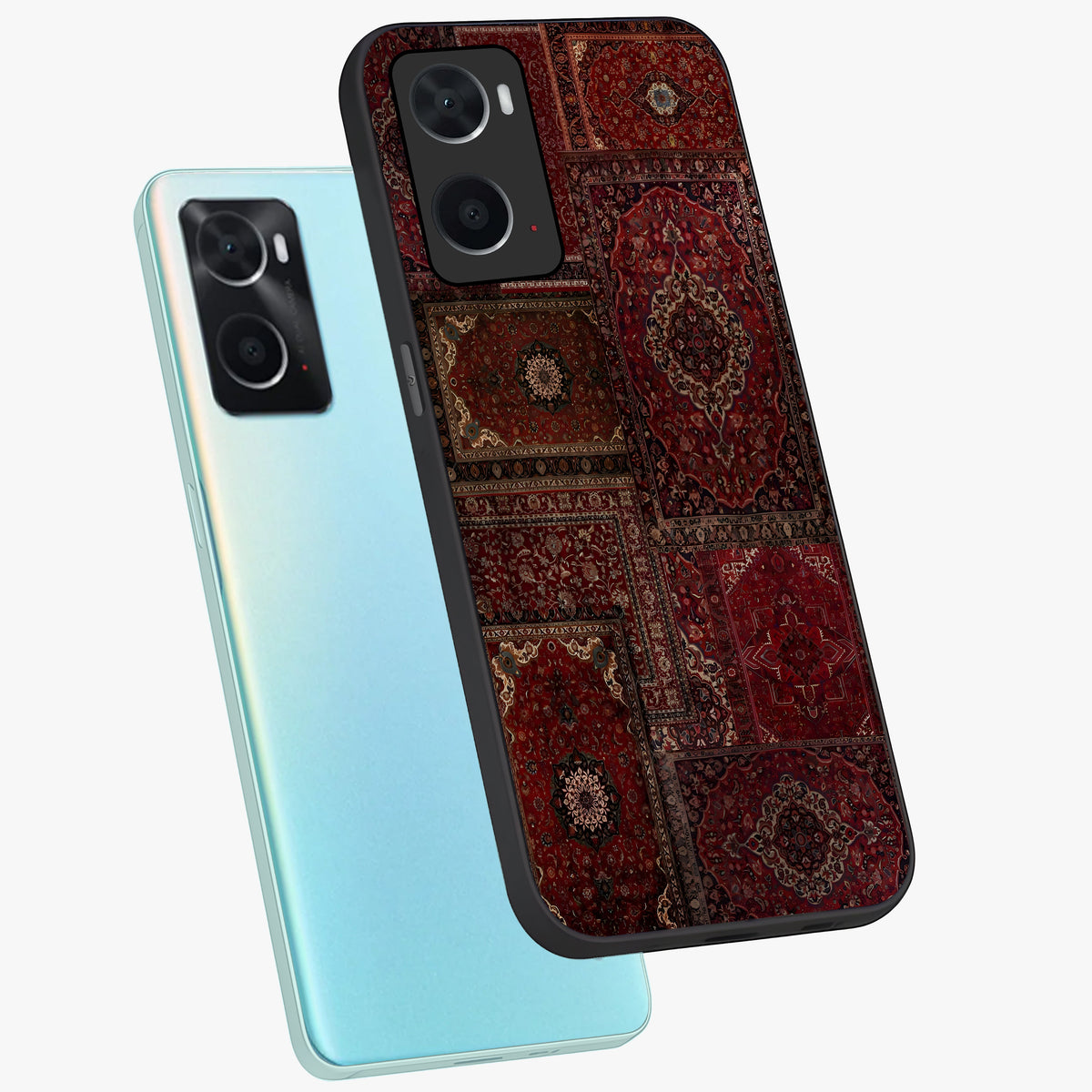 Persian Velvet Tale Glass Case displayed in angled mockup highlighting ornate textile inspired design with royal aesthetic.