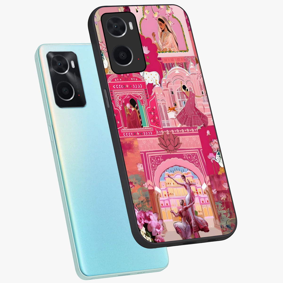 Pink Palace Muse Glass Case displayed in angled mockup highlighting dreamy palace illustration with soft pink aesthetic.