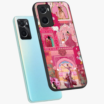 Pink Palace Muse Glass Case displayed in angled mockup highlighting dreamy palace illustration with soft pink aesthetic.