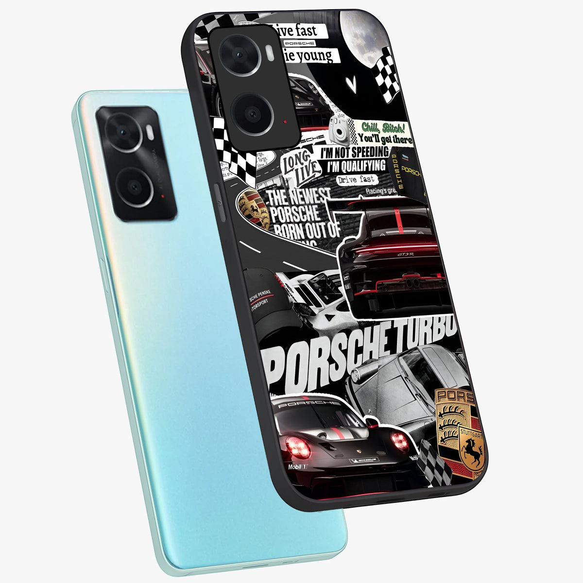 Porsche Racing Collage Glass Case displayed in angled mockup highlighting dynamic automotive design with bold racing aesthetic.