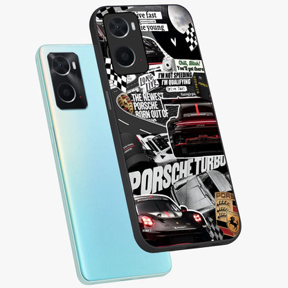 Porsche Racing Collage Glass Case displayed in angled mockup highlighting dynamic automotive design with bold racing aesthetic.