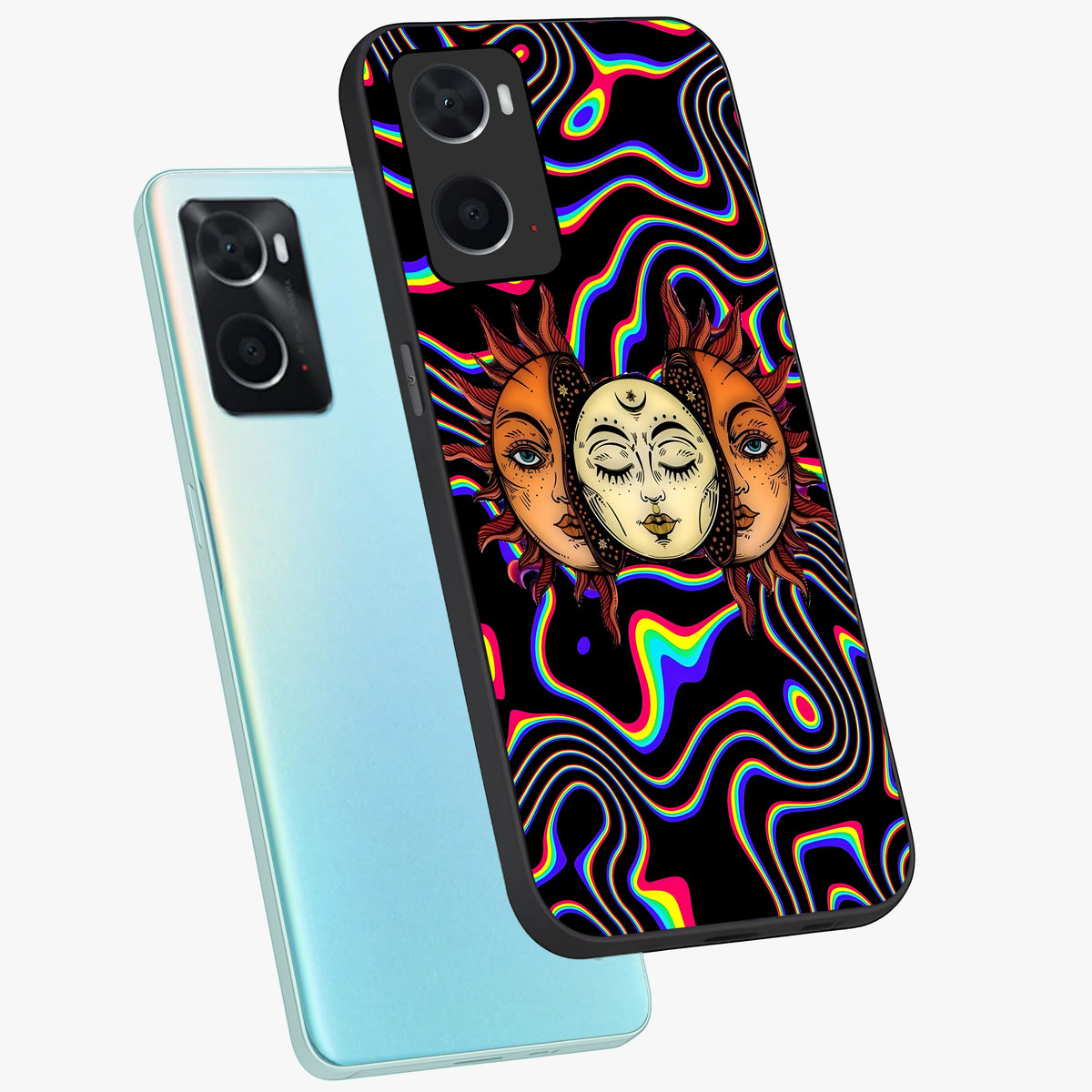 Psychedelic Sun Glass Case displayed in angled mockup highlighting vibrant abstract sun design with artistic aesthetic style.