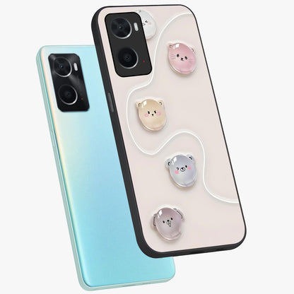 Puffy Face Parade Glass Case displayed in angled mockup highlighting playful cartoon face design with fun aesthetic.