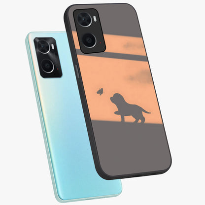 Puppy Shadow Art Glass Case displayed in angled mockup highlighting playful dog illustration with artistic shadow aesthetic.