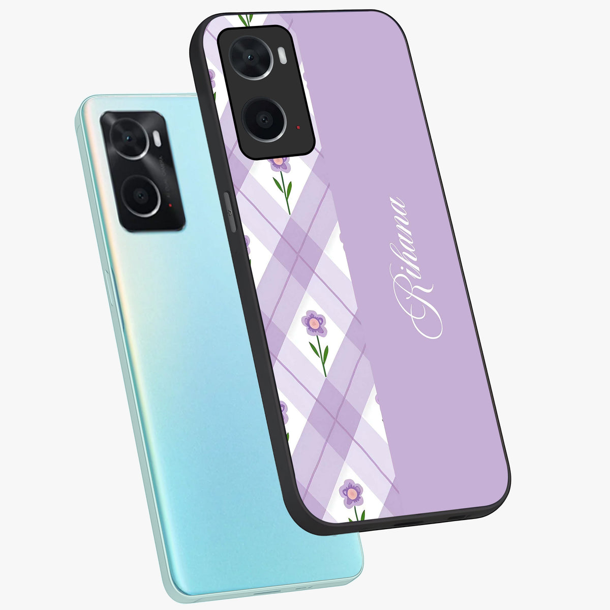 Purple Diamond Floral Glass Case displayed in angled mockup highlighting elegant purple flower design with decorative pattern.