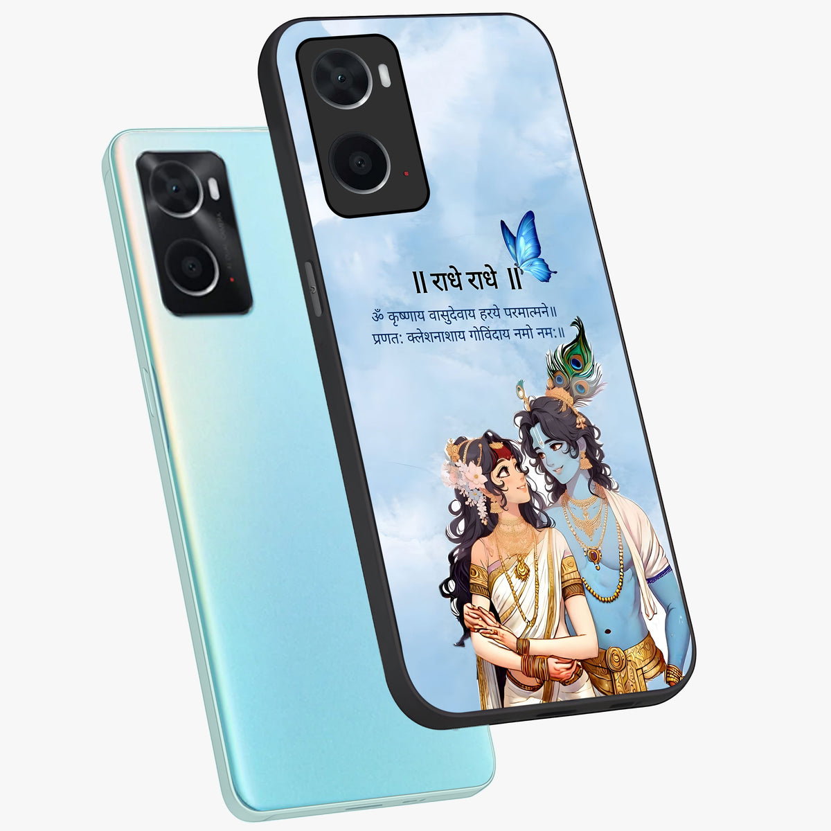 Radha Krishna Eternal Glass Case displayed in angled mockup highlighting divine Radha Krishna illustration with spiritual aesthetic.