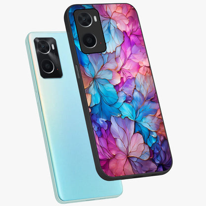 Radiant Floral Whirl Glass Case displayed in angled mockup highlighting vibrant flower pattern with dynamic artistic aesthetic.