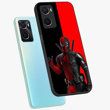 Red & Black Deadpool Theme Glass Case displayed in angled mockup highlighting vibrant superhero style illustration with action aesthetic.