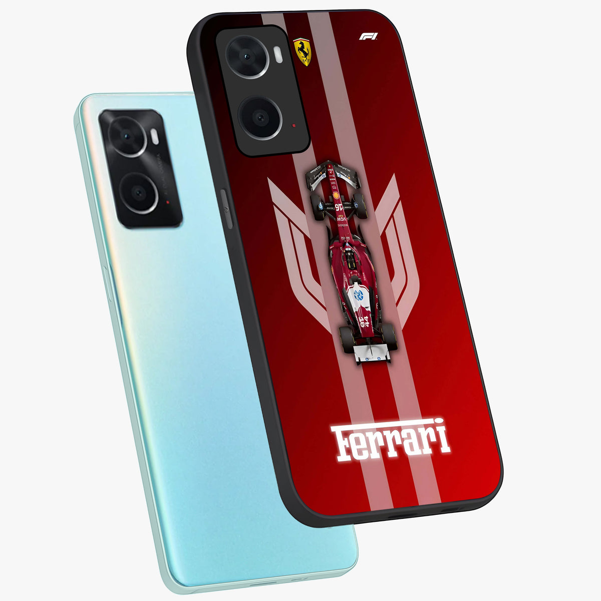 Red Ferrari F1 Vertical Glass Case displayed in angled mockup highlighting high speed racing design with bold automotive aesthetic.