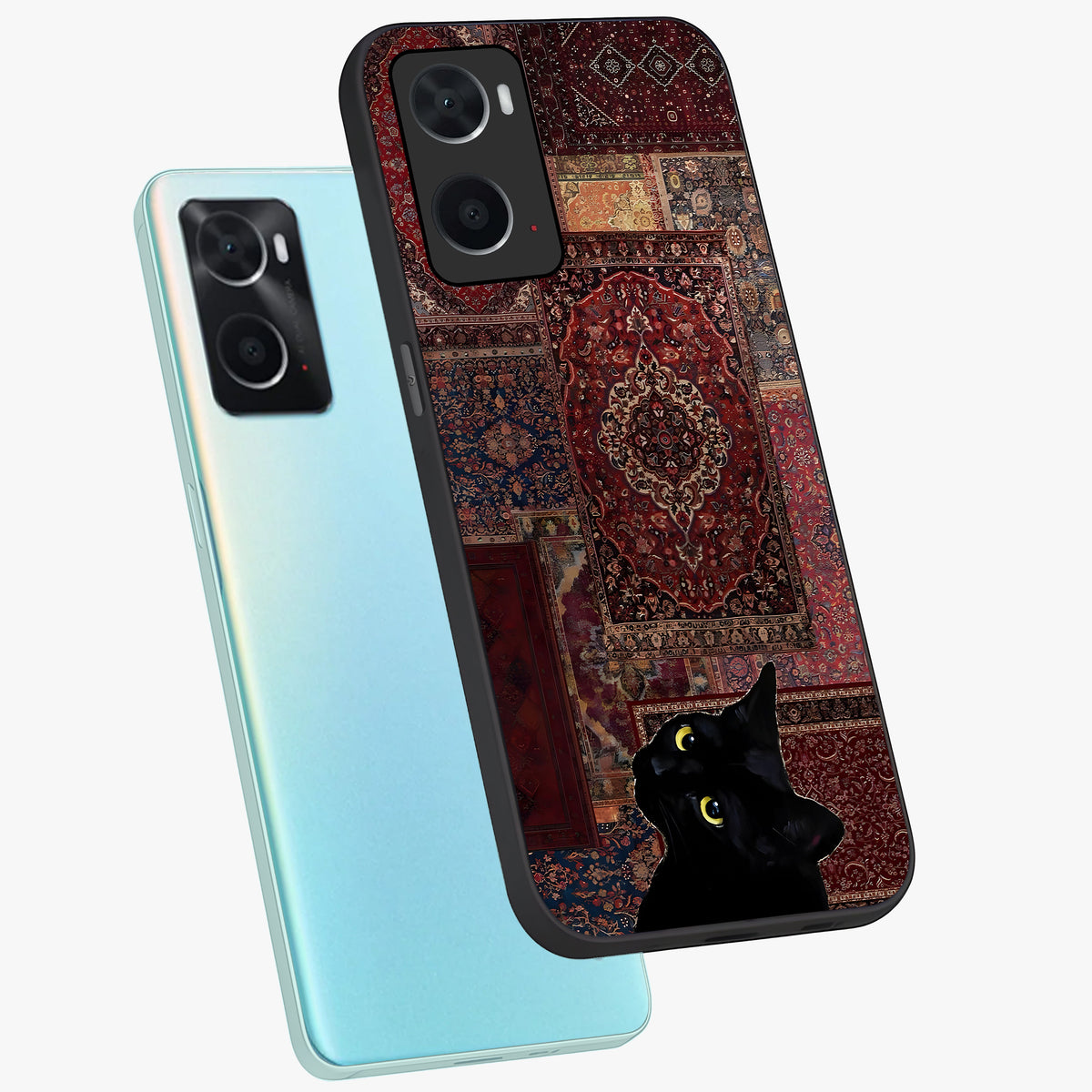 Regal Magic Cat Apple Glass Case displayed in angled mockup highlighting whimsical feline design with fantasy aesthetic.