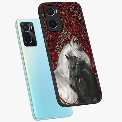 Regal Stallion Tapestry Glass Case displayed in angled mockup highlighting royal stallion design with decorative heritage aesthetic.