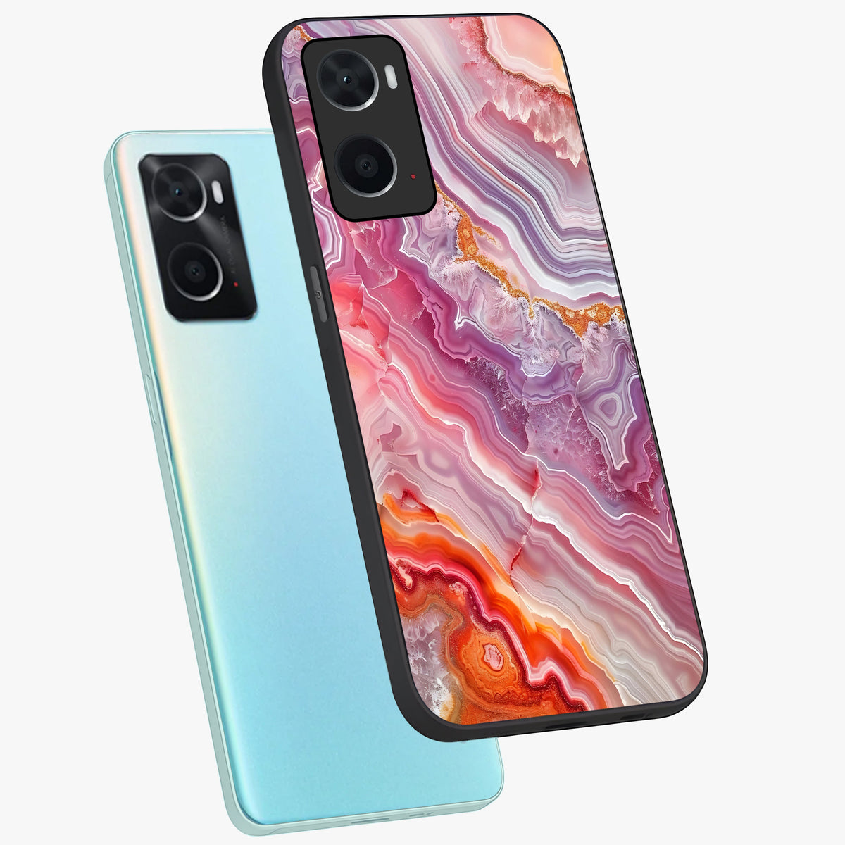 Rose Quartz Marble Glass Case displayed in angled mockup highlighting elegant marble pattern with soft aesthetic style.