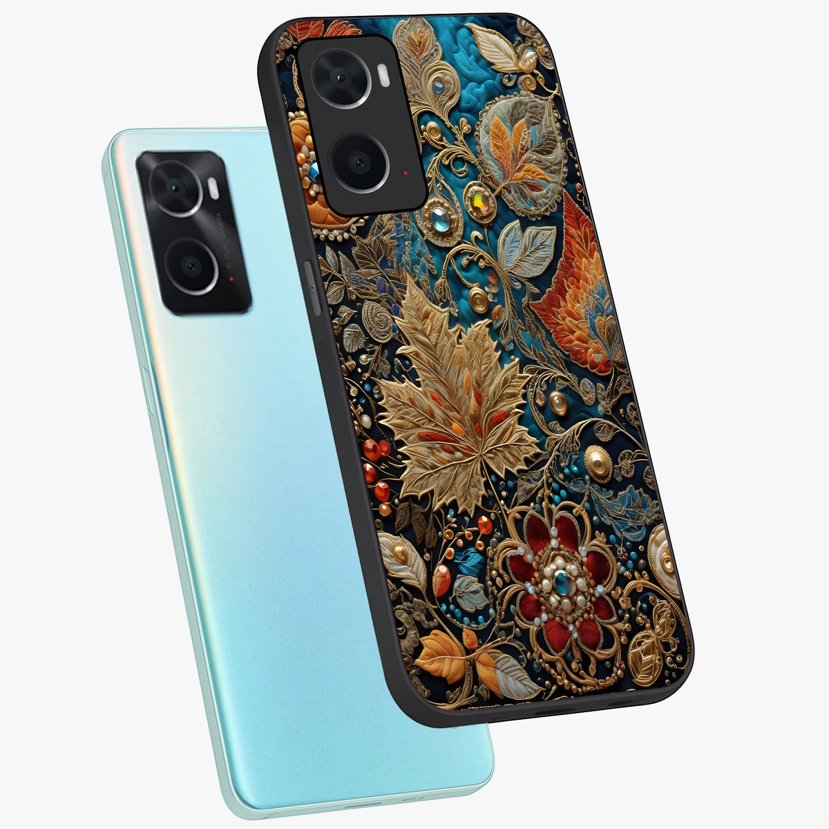 Royal Jewel Garden Glass Case displayed in angled mockup highlighting vibrant jewel inspired floral design with elegant aesthetic.