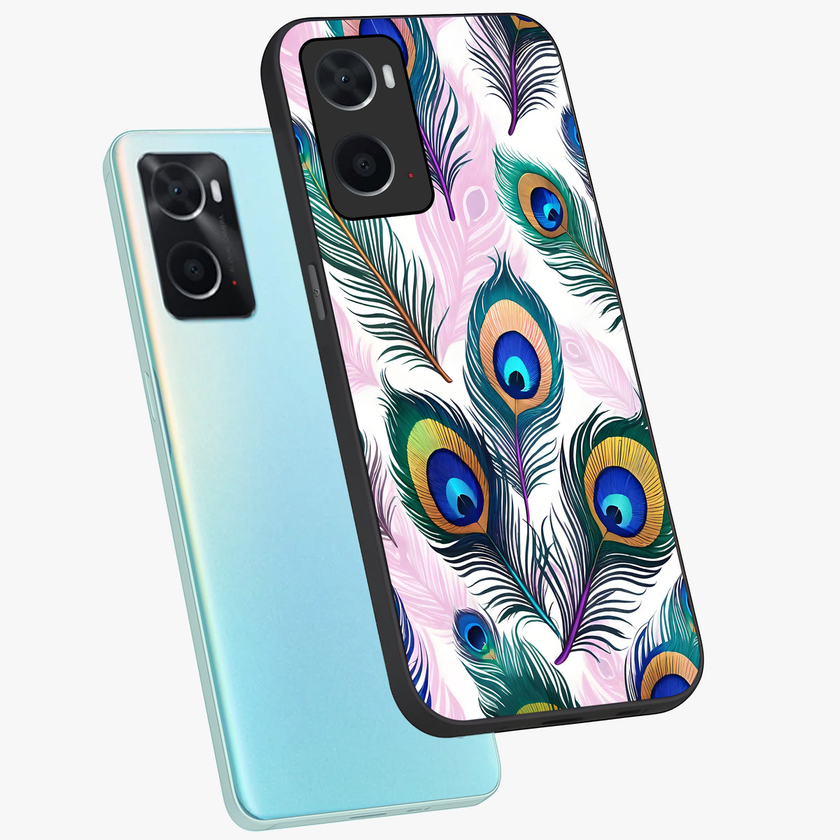 Royal Peacock Feathers Glass Case displayed in angled mockup highlighting vibrant feather pattern with regal aesthetic style.